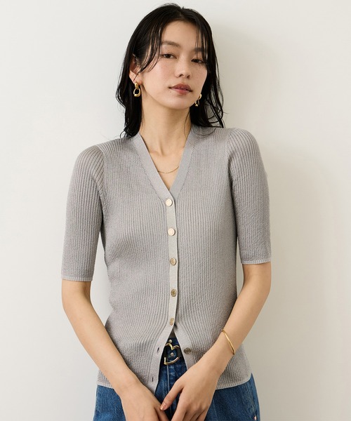 ROPE'(ロペ)の「シアーラメワイドリブ5分袖カーディガン/イージーケア(カーディガン/ボレロ・レディース・ネイビー/ベージュ/ピンク/ライトグレー・FREE)」の6枚目の写真