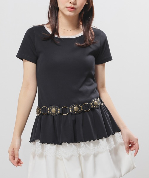 Honeys(ハニーズ)の「裾フリルトップス(Tシャツ/カットソー・レディース・ピンク/ホワイト系その他2/ブラック/ヘザーチャコール・L/M/S)」の2枚目の写真