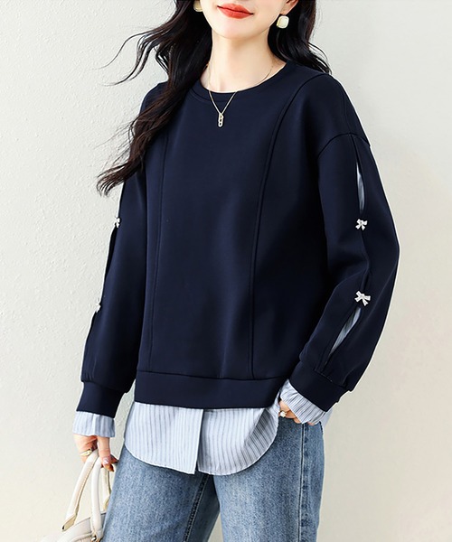 Doux Belle(ドゥーベル)の「リボン付き袖ラインレイヤード風スウェット(スウェット・レディース・ネイビー・LARGE)」の11枚目の写真