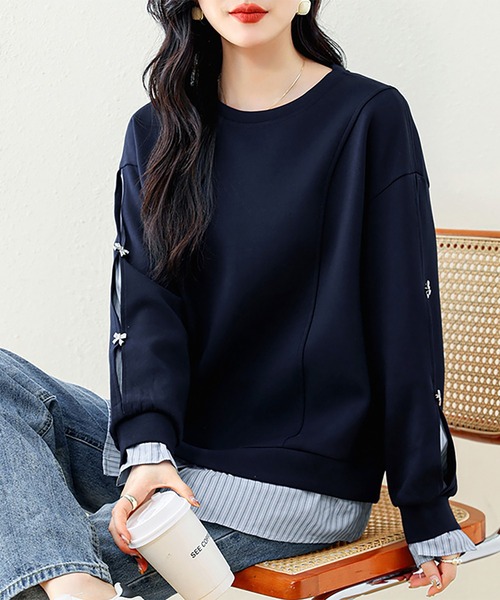Doux Belle(ドゥーベル)の「リボン付き袖ラインレイヤード風スウェット(スウェット・レディース・ネイビー・LARGE)」の10枚目の写真