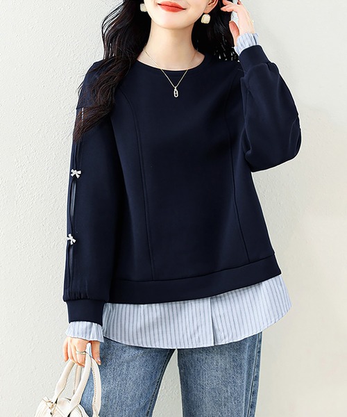 Doux Belle(ドゥーベル)の「リボン付き袖ラインレイヤード風スウェット(スウェット・レディース・ネイビー・LARGE)」の4枚目の写真