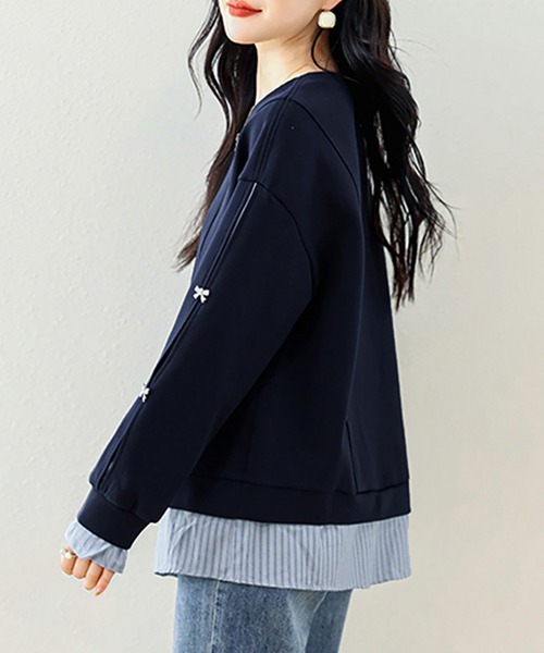 Doux Belle(ドゥーベル)の「リボン付き袖ラインレイヤード風スウェット(スウェット・レディース・ネイビー・LARGE)」の6枚目の写真