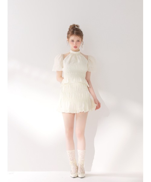 M me eme(エムミーエメ)の「Shirring frill bijou mini skirt(eme11109)(スカート・レディース・ピンク/アイボリー・FREE)」の5枚目の写真