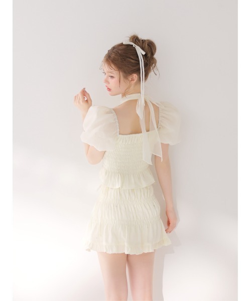 M me eme(エムミーエメ)の「Shirring frill bijou mini skirt(eme11109)(スカート・レディース・ピンク/アイボリー・FREE)」の6枚目の写真