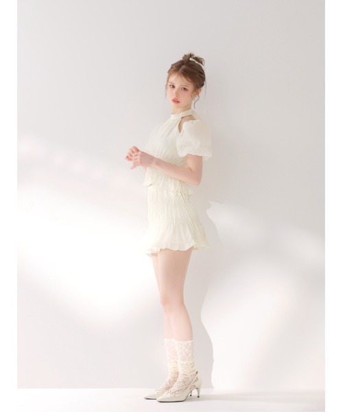 M me eme(エムミーエメ)の「Shirring frill bijou mini skirt(eme11109)(スカート・レディース・ピンク/アイボリー・FREE)」の7枚目の写真