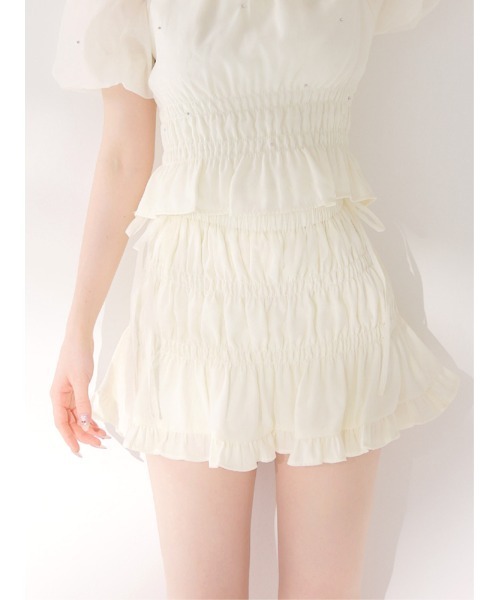 M me eme(エムミーエメ)の「Shirring frill bijou mini skirt(eme11109)(スカート・レディース・ピンク/アイボリー・FREE)」の10枚目の写真