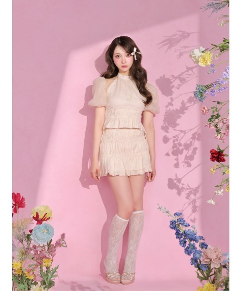 M me eme(エムミーエメ)の「Shirring frill bijou mini skirt(eme11109)(スカート・レディース・ピンク/アイボリー・FREE)」の4枚目の写真