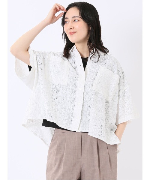 m.f.editorial(エムエフエディトリアル)の「【レース ゆったり リラックス】衿付き 半袖 オーバー シャツ ブラウス(シャツ/ブラウス・レディース・アイボリー/ブラック・FREE)」の1枚目の写真