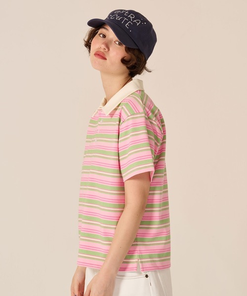 TINA:JOJUN(ティーナジョジュン)の「マルチボーダー 半袖 ポロシャツ TINA:JOJUN(ポロシャツ・レディース・ブラウン/ピンク・M)」の4枚目の写真