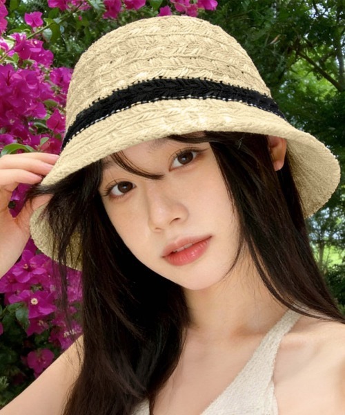 Miniministore(ミニミニストア)の「バケットハット 麦わら帽子 レトロ配色(ハット・レディース・ベージュ/ブラック・FREE)」の2枚目の写真