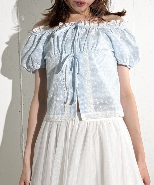 MAISON SELECT(メゾンセレクト)の「6C83 チェック×フラワー レースアクセント2WAYブラウス(シャツ/ブラウス・レディース・ブラック/ライトブルー・FREE)」の8枚目の写真
