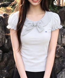 【春夏新作／2色展開】チェック柄襟付きリボンパフスリーブトップス