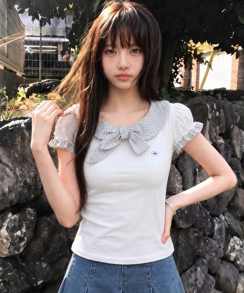 DIAVEL（ディアベル）の「【春夏新作／2色展開】チェック柄襟付きリボンパフスリーブトップス（Tシャツ/カットソー・レディース・ホワイト/ネイビー・M）」の12枚目の写真