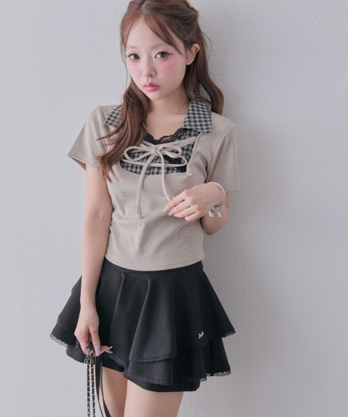 OLIVE des OLIVE(オリーブデオリーブ)の「レースアップシャツレイヤードトップス(Tシャツ/カットソー・レディース・ピンク/ブラック/ベージュ/ブラウン・FREE)」の4枚目の写真