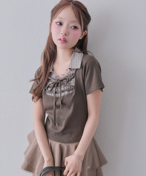 OLIVE des OLIVE(オリーブデオリーブ)の「レースアップシャツレイヤードトップス(Tシャツ/カットソー・レディース・ピンク/ブラック/ベージュ/ブラウン・FREE)」の3枚目の写真