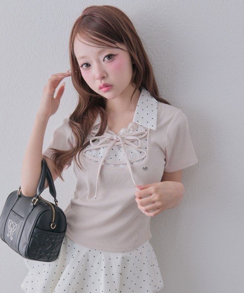 OLIVE des OLIVE(オリーブデオリーブ)の「レースアップシャツレイヤードトップス(Tシャツ/カットソー・レディース・ピンク/ブラック/ベージュ/ブラウン・FREE)」の1枚目の写真