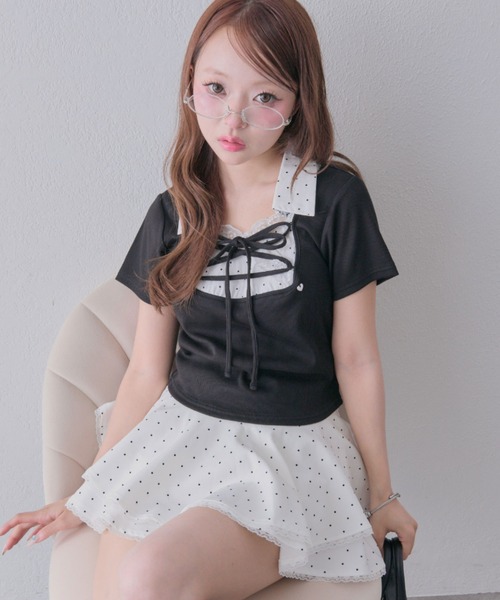 OLIVE des OLIVE(オリーブデオリーブ)の「レースアップシャツレイヤードトップス(Tシャツ/カットソー・レディース・ピンク/ブラック/ベージュ/ブラウン・FREE)」の5枚目の写真