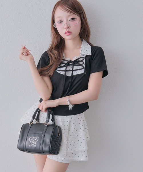 OLIVE des OLIVE(オリーブデオリーブ)の「レースアップシャツレイヤードトップス(Tシャツ/カットソー・レディース・ピンク/ブラック/ベージュ/ブラウン・FREE)」の6枚目の写真