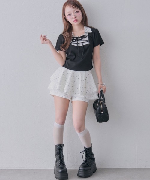 OLIVE des OLIVE(オリーブデオリーブ)の「レースアップシャツレイヤードトップス(Tシャツ/カットソー・レディース・ピンク/ブラック/ベージュ/ブラウン・FREE)」の8枚目の写真