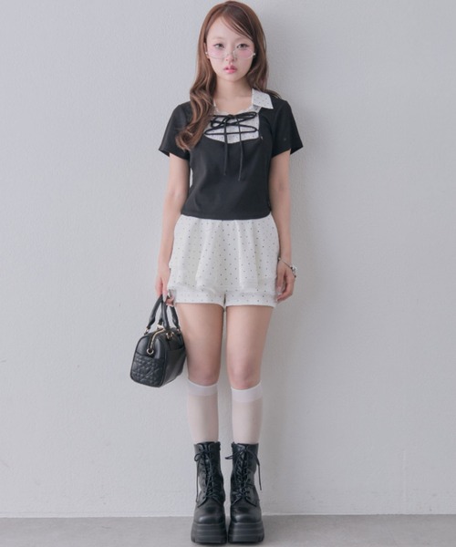 OLIVE des OLIVE(オリーブデオリーブ)の「レースアップシャツレイヤードトップス(Tシャツ/カットソー・レディース・ピンク/ブラック/ベージュ/ブラウン・FREE)」の7枚目の写真