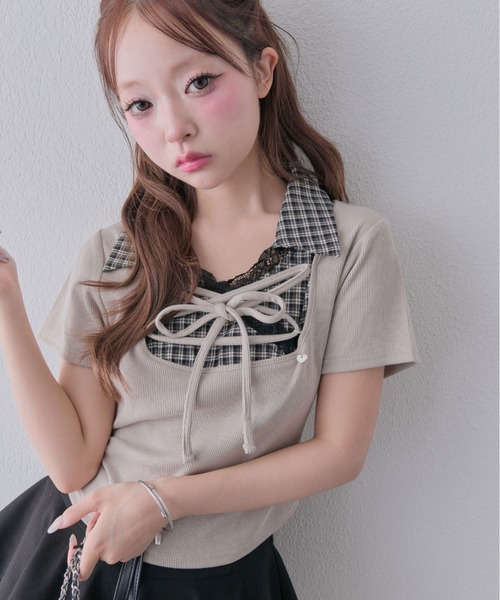 OLIVE des OLIVE(オリーブデオリーブ)の「レースアップシャツレイヤードトップス(Tシャツ/カットソー・レディース・ピンク/ブラック/ベージュ/ブラウン・FREE)」の10枚目の写真