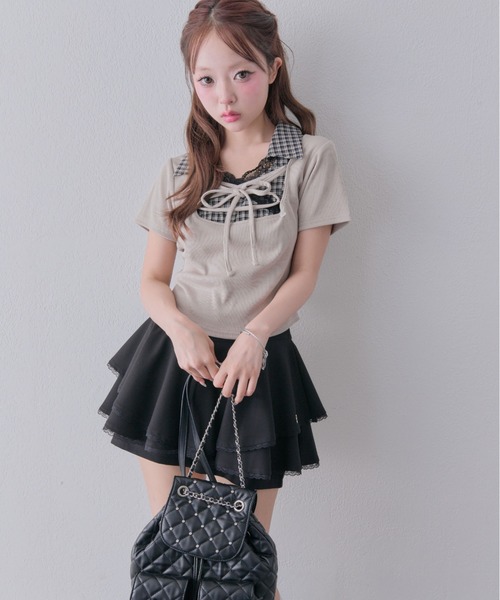 OLIVE des OLIVE(オリーブデオリーブ)の「レースアップシャツレイヤードトップス(Tシャツ/カットソー・レディース・ピンク/ブラック/ベージュ/ブラウン・FREE)」の11枚目の写真