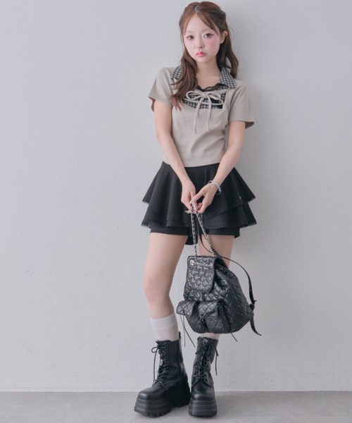 OLIVE des OLIVE(オリーブデオリーブ)の「レースアップシャツレイヤードトップス(Tシャツ/カットソー・レディース・ピンク/ブラック/ベージュ/ブラウン・FREE)」の12枚目の写真