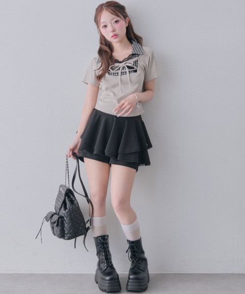 OLIVE des OLIVE(オリーブデオリーブ)の「レースアップシャツレイヤードトップス(Tシャツ/カットソー・レディース・ピンク/ブラック/ベージュ/ブラウン・FREE)」の13枚目の写真