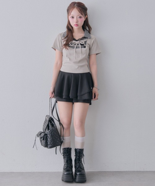 OLIVE des OLIVE(オリーブデオリーブ)の「レースアップシャツレイヤードトップス(Tシャツ/カットソー・レディース・ピンク/ブラック/ベージュ/ブラウン・FREE)」の14枚目の写真