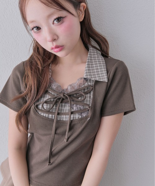 OLIVE des OLIVE(オリーブデオリーブ)の「レースアップシャツレイヤードトップス(Tシャツ/カットソー・レディース・ピンク/ブラック/ベージュ/ブラウン・FREE)」の16枚目の写真