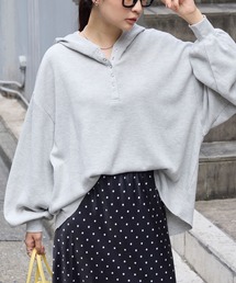 オーバーサイズ ヘンリーネック ワッフルフードロンT<抗菌防臭>