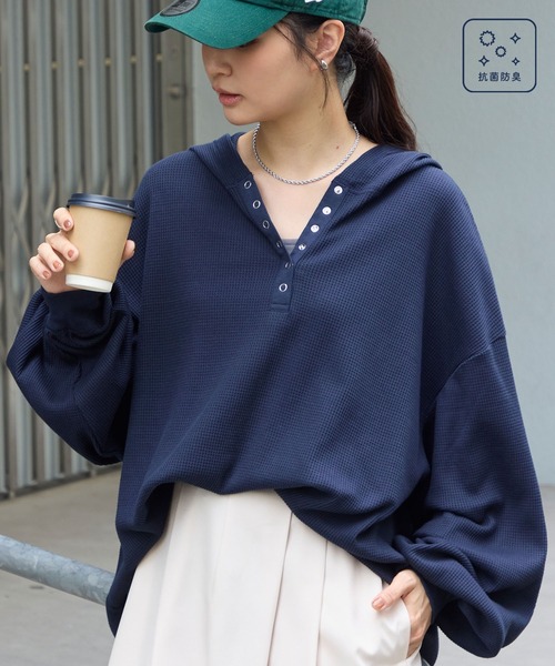 オーバーサイズ ヘンリーネック ワッフルフードロンT＜抗菌防臭＞ MONO
