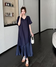 異素材切り替え フレア ロングワンピース