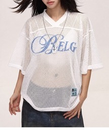 ロゴ刺繍メッシュゲームTシャツ/ナンバリング Vネック 半袖 ビッグシルエット