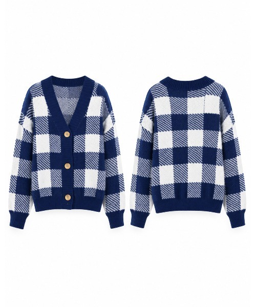 FAZVY（ファズビー）の「旬のショート丈 ビッグチェックニットカーディガン（ニット/セーター・レディース・ブラック/ブラウン/ネイビー/ピンク・FREE）」の18枚目の写真