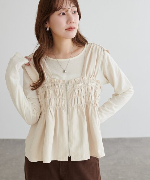 DISCOAT(ディスコート)の「ピーチ起毛ZIP使いギャザーノースリーブ(シャツ/ブラウス・レディース・アイボリー/キャメル/サックスブルー/チャコールグレー・FREE)」の8枚目の写真