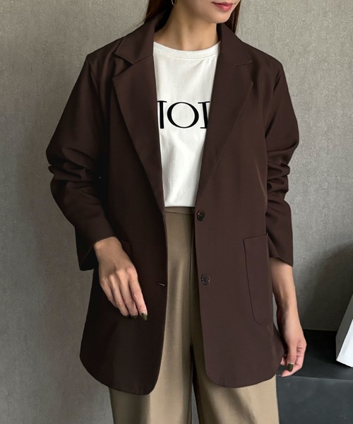 LOWO(ロワ)の「オーバーサイズミドル丈テーラードジャケット(テーラードジャケット・レディース・ブラック/ブラウン/ベージュ・FREE)」の1枚目の写真