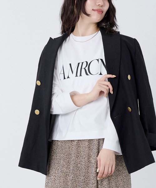 AMERICANA(アメリカーナ)の「【AMERICANA】別注-"AMRCN"ロゴハイゲージ天竺ロングTシャツ(Tシャツ/カットソー・レディース・スミクロ/ホワイト・FREE)」の3枚目の写真