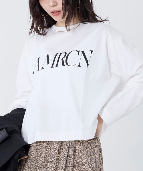 AMERICANA(アメリカーナ)の「【AMERICANA】別注-"AMRCN"ロゴハイゲージ天竺ロングTシャツ(Tシャツ/カットソー・レディース・スミクロ/ホワイト・FREE)」の4枚目の写真