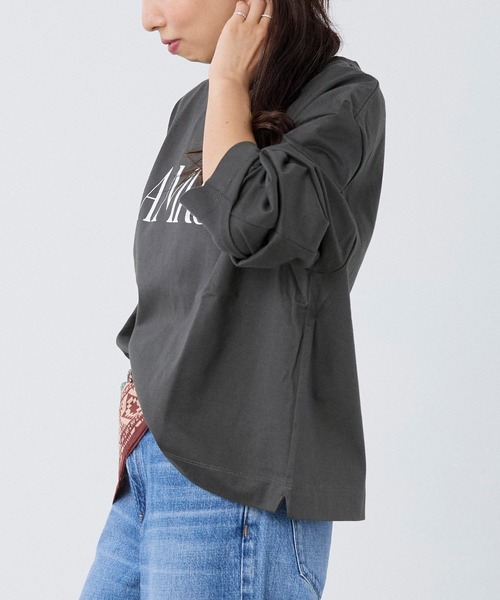 AMERICANA(アメリカーナ)の「【AMERICANA】別注-"AMRCN"ロゴハイゲージ天竺ロングTシャツ(Tシャツ/カットソー・レディース・スミクロ/ホワイト・FREE)」の14枚目の写真