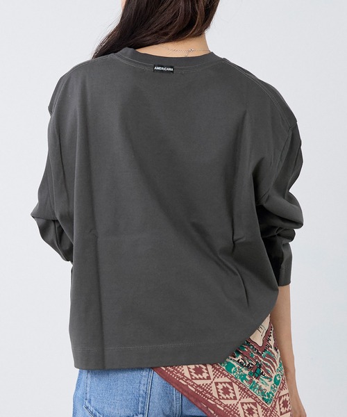 AMERICANA(アメリカーナ)の「【AMERICANA】別注-"AMRCN"ロゴハイゲージ天竺ロングTシャツ(Tシャツ/カットソー・レディース・スミクロ/ホワイト・FREE)」の17枚目の写真