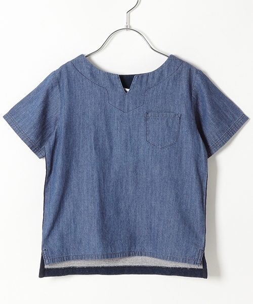 GLOBAL WORK（グローバルワーク）の「【キッズ】デニムキーネックプルオーバー半袖/743169（シャツ/ブラウス・キッズ・ブルー/ライトブルー・X-LARGE/SMALL/LARGE/XX-LARGE/MEDIUM）」の2枚目の写真