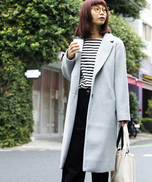 WEGO(ウィゴー)の「WEGO/フェイクスライバーチェスターコート(チェスターコート・レディース・パープル/ネイビー/マスタード/杢グレー/キャメル・MEDIUM/LARGE)」の2枚目の写真