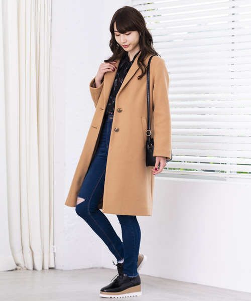 WEGO(ウィゴー)の「WEGO/フェイクスライバーチェスターコート(チェスターコート・レディース・パープル/ネイビー/マスタード/杢グレー/キャメル・MEDIUM/LARGE)」の6枚目の写真