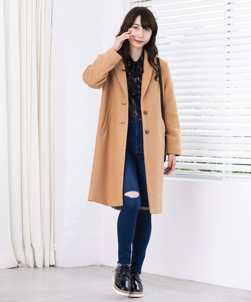 WEGO(ウィゴー)の「WEGO/フェイクスライバーチェスターコート(チェスターコート・レディース・パープル/ネイビー/マスタード/杢グレー/キャメル・MEDIUM/LARGE)」の7枚目の写真