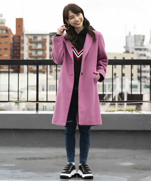 WEGO(ウィゴー)の「WEGO/フェイクスライバーチェスターコート(チェスターコート・レディース・パープル/ネイビー/マスタード/杢グレー/キャメル・MEDIUM/LARGE)」の9枚目の写真