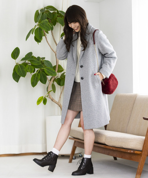 WEGO(ウィゴー)の「WEGO/フェイクスライバーチェスターコート(チェスターコート・レディース・パープル/ネイビー/マスタード/杢グレー/キャメル・MEDIUM/LARGE)」の18枚目の写真