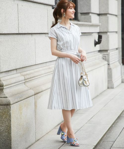 オリジナル 即出荷セール特価 ワンピース Tocco ワンピースリングベルト付きストライプシャツワンピース ネット限定