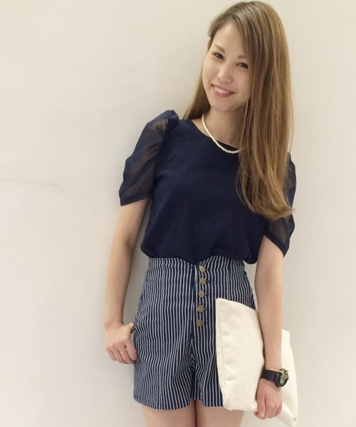 Chico(チコ)の「ギャザー袖シフォンTOPS(Tシャツ/カットソー・レディース・ホワイト/ネイビー/ダークブルー/グレー・FREE)」の3枚目の写真