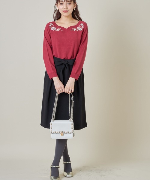 TOCCO closet - トッコクローゼット フラワーパールビジュー装飾ハートネックリブニット ピンク トッコクローゼット フラワーパールビジュー装飾ハートネック